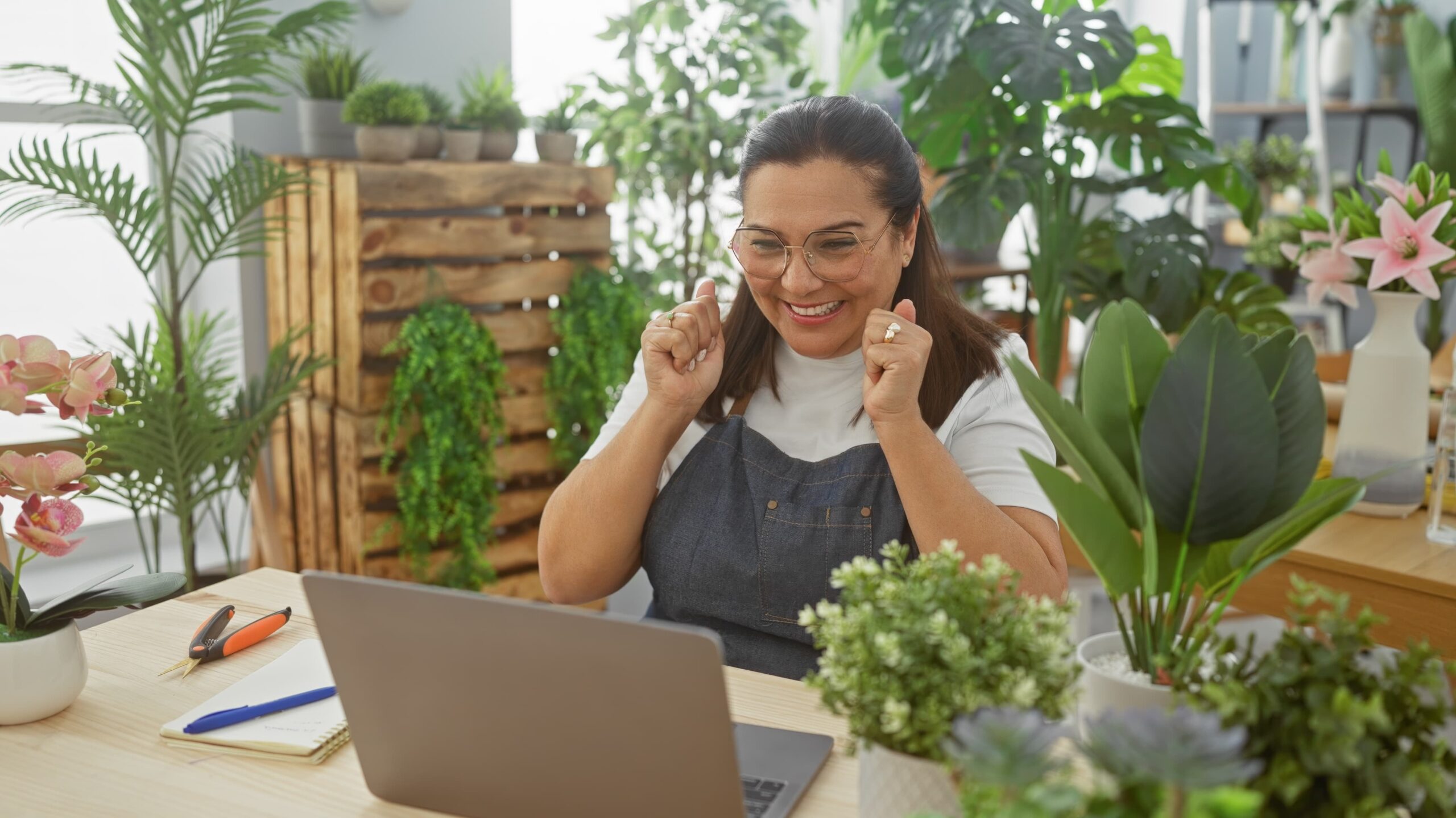 small business owner reviewing digital lead generation results on laptop