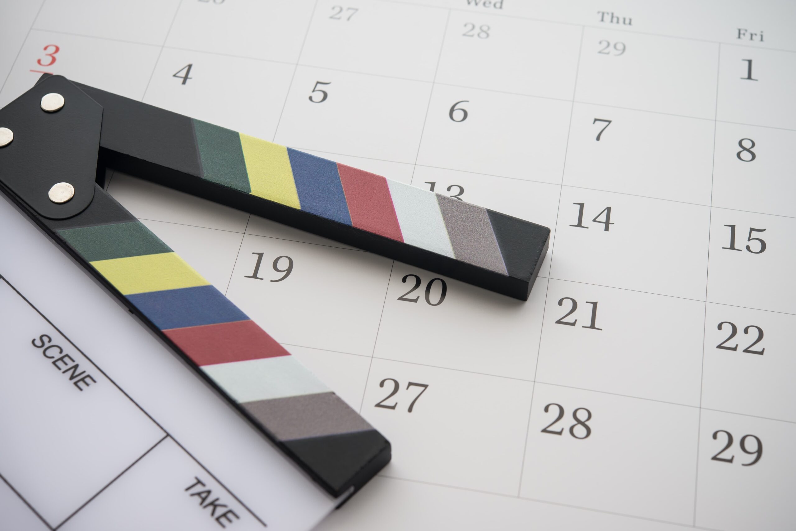 close-up of video production calendar with shoot dates and notes