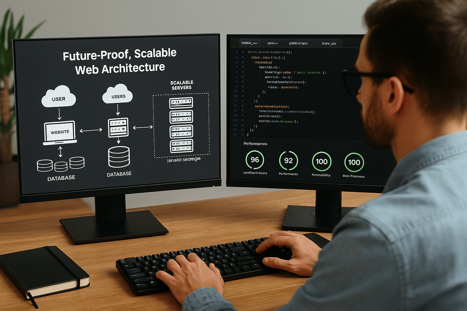 developer reviewing modular website architecture on monitors