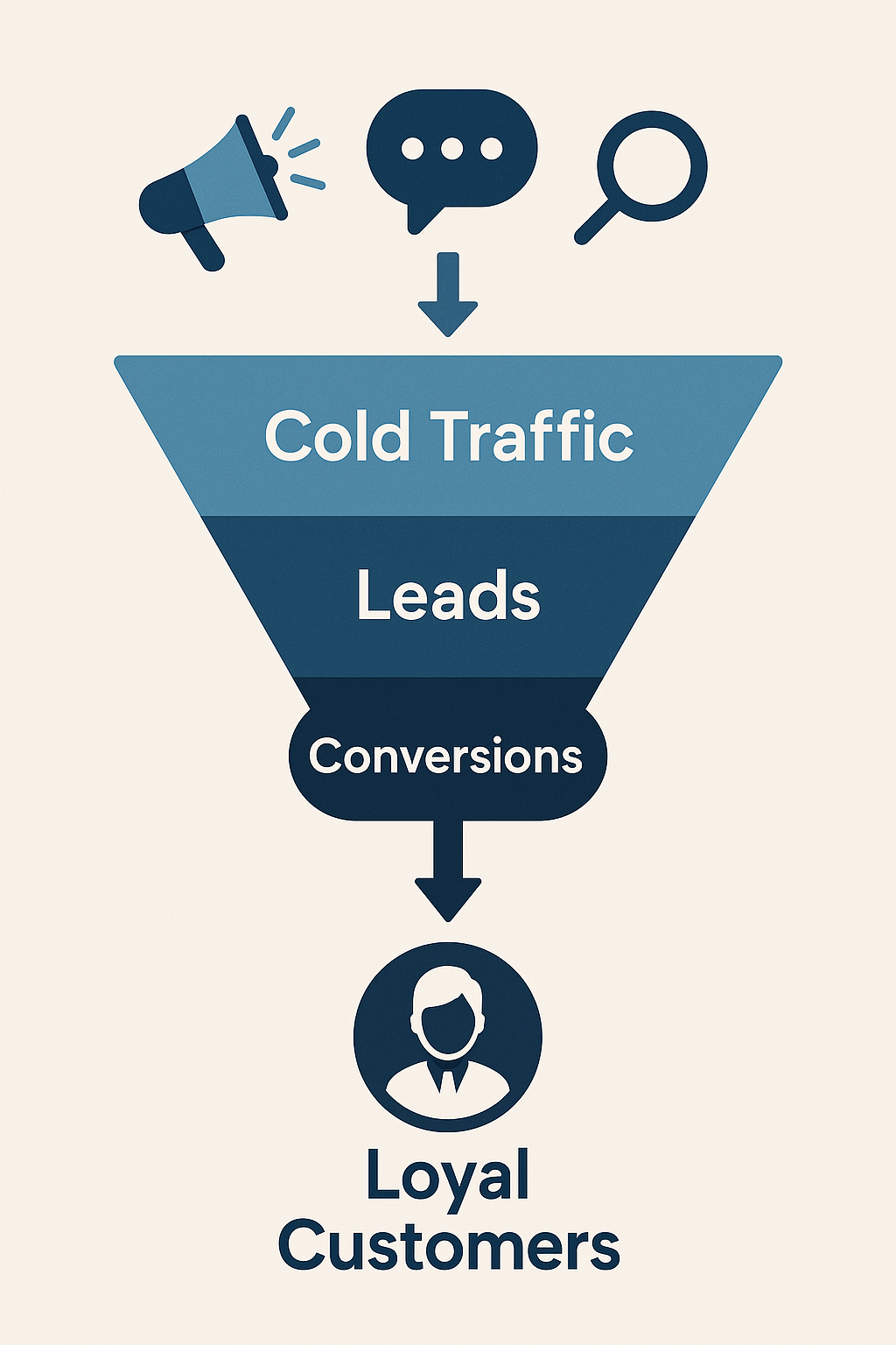 funnel graphic showing cold traffic turning into leads and conversions through digital marketing steps