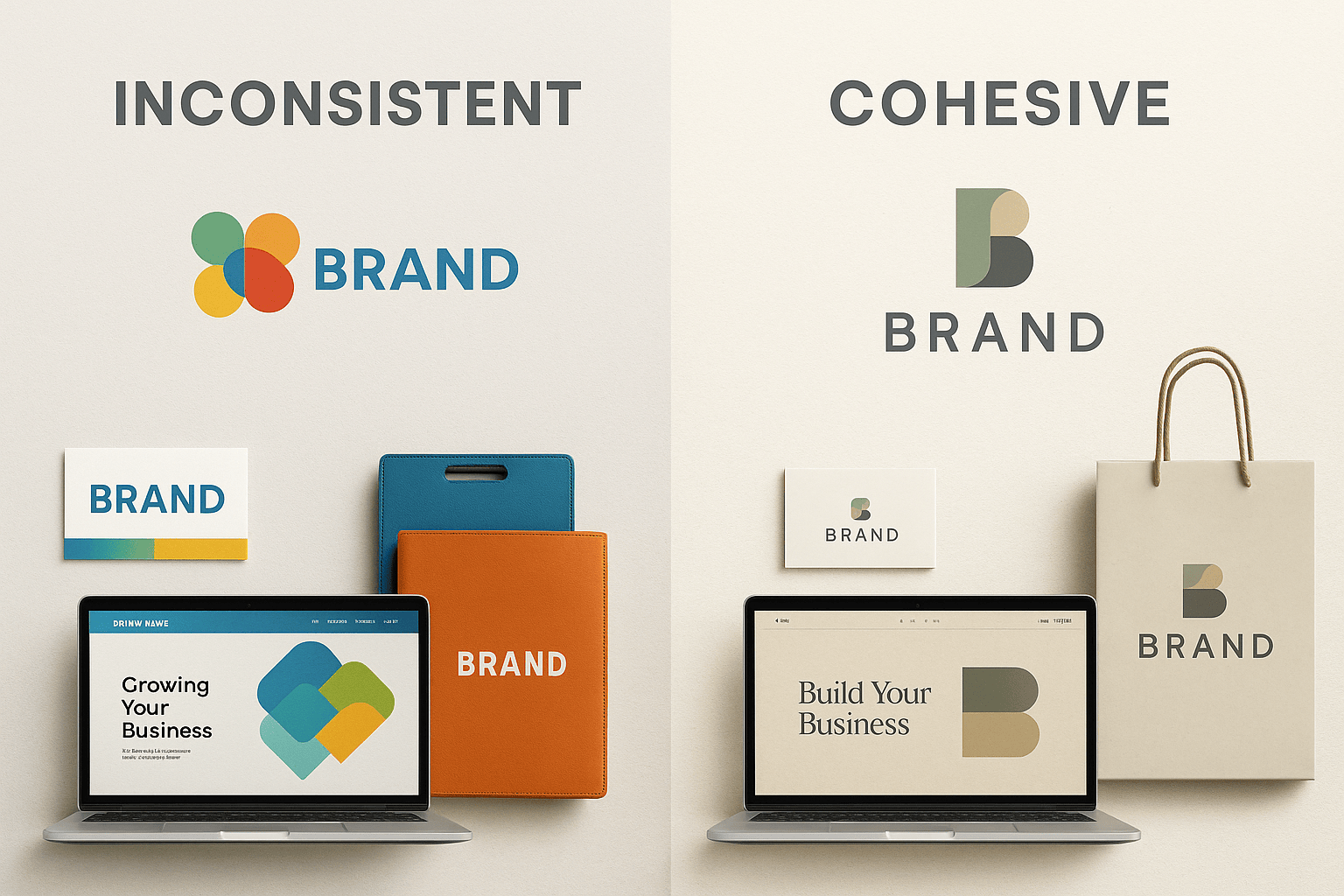 Side-by-side brand comparison showing inconsistent versus cohesive branding.