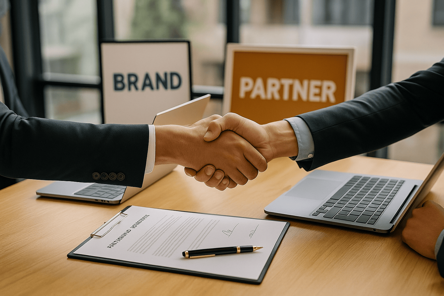Brand partnerships in 2025 shown through business leaders forming a deal