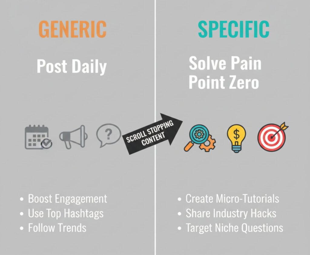 Comparison graphic illustrating the difference between generic and specific Scroll Stopping Content.