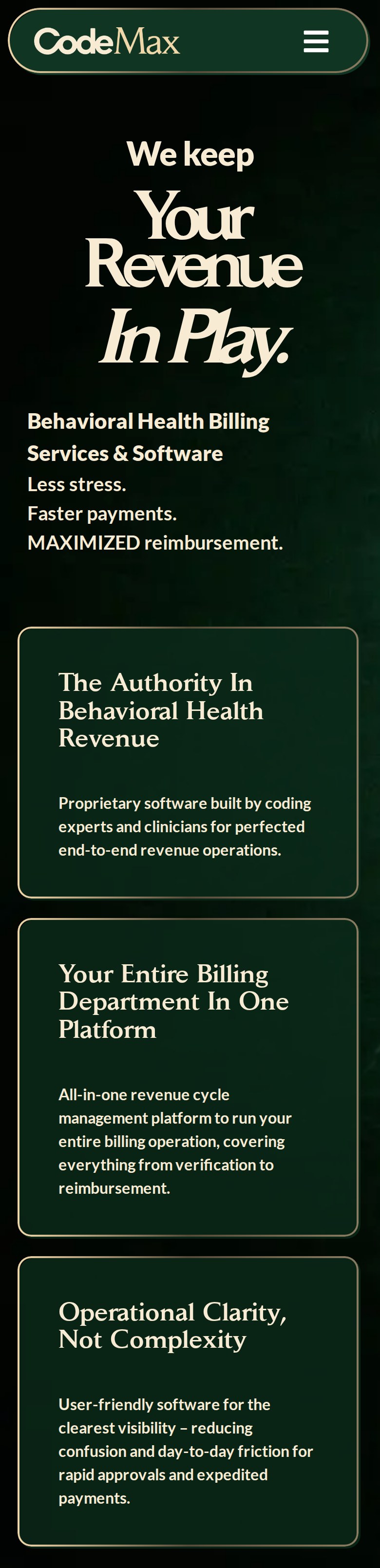 codemaxmb.com on mobile: the hero and the three authority cards