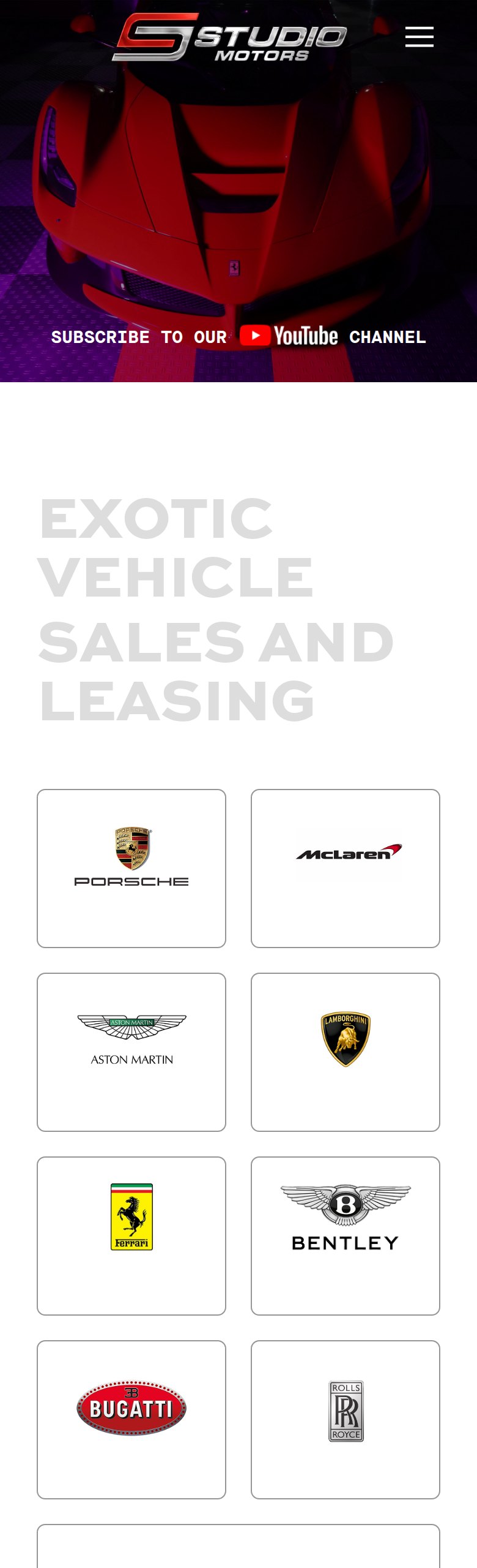 The studiomotors.com homepage on a phone: the hero and the nine marques
