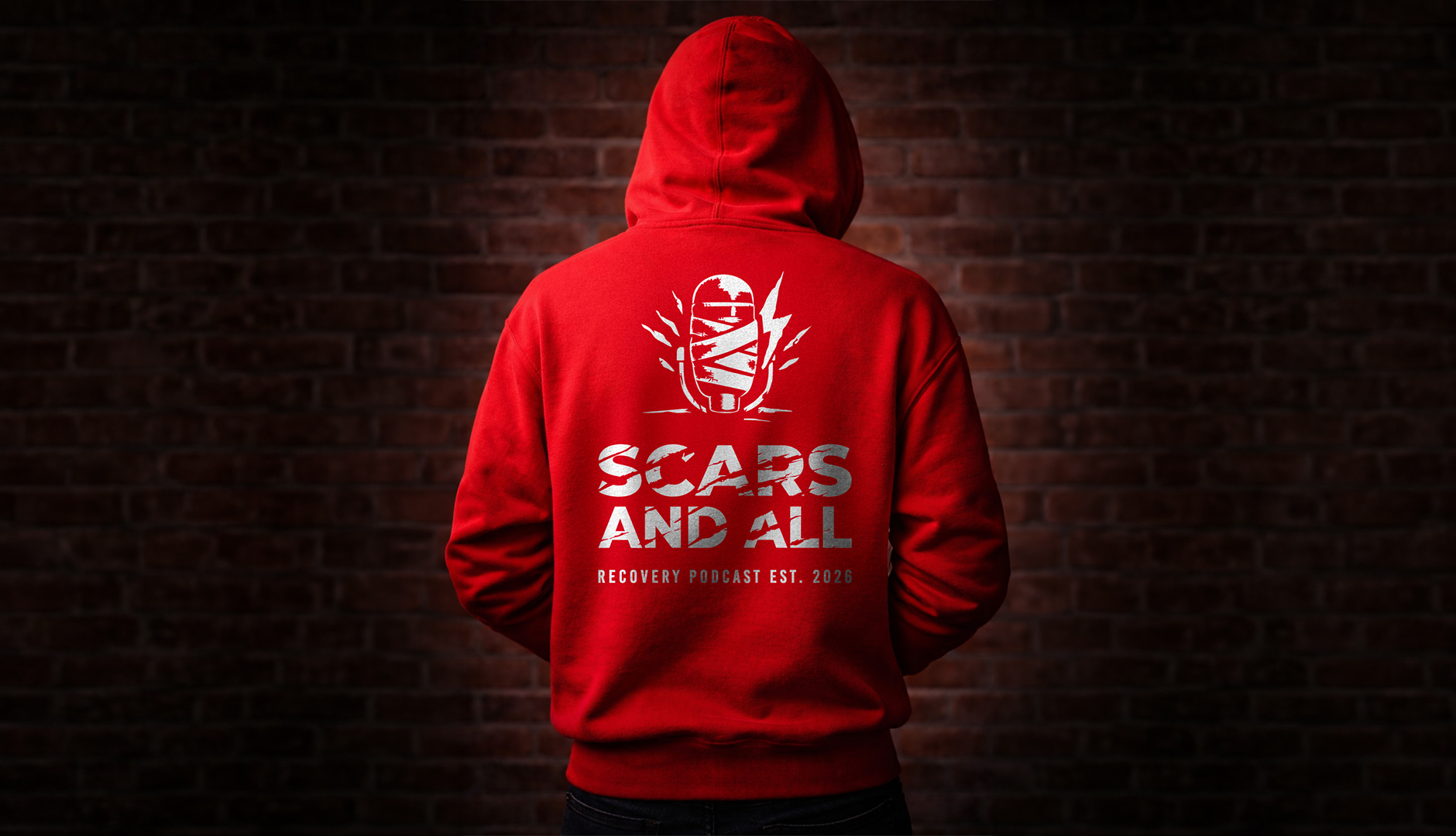 The Scars and All hoodie: red heavyweight, white mark on the back