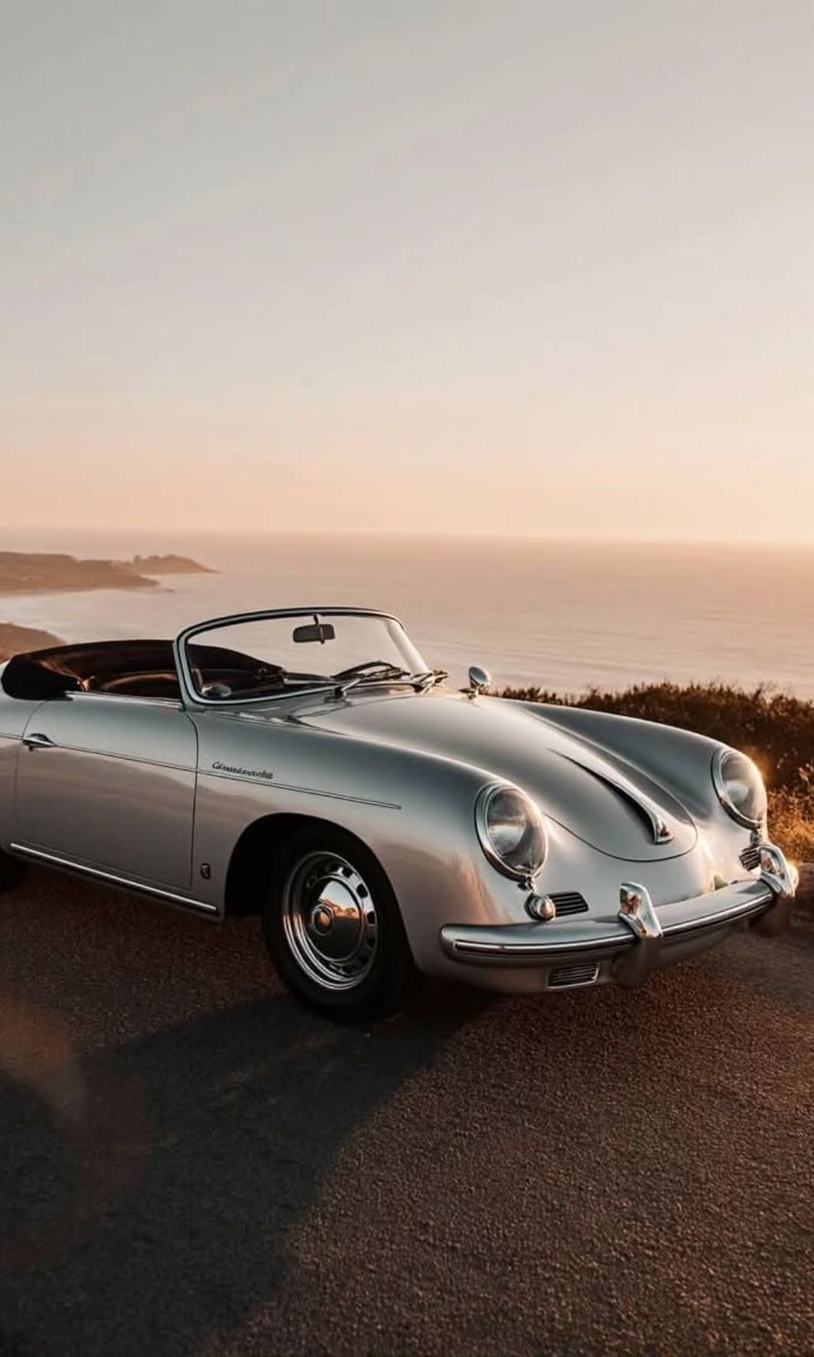 Silver Porsche 356 convertible above the coast at sunset