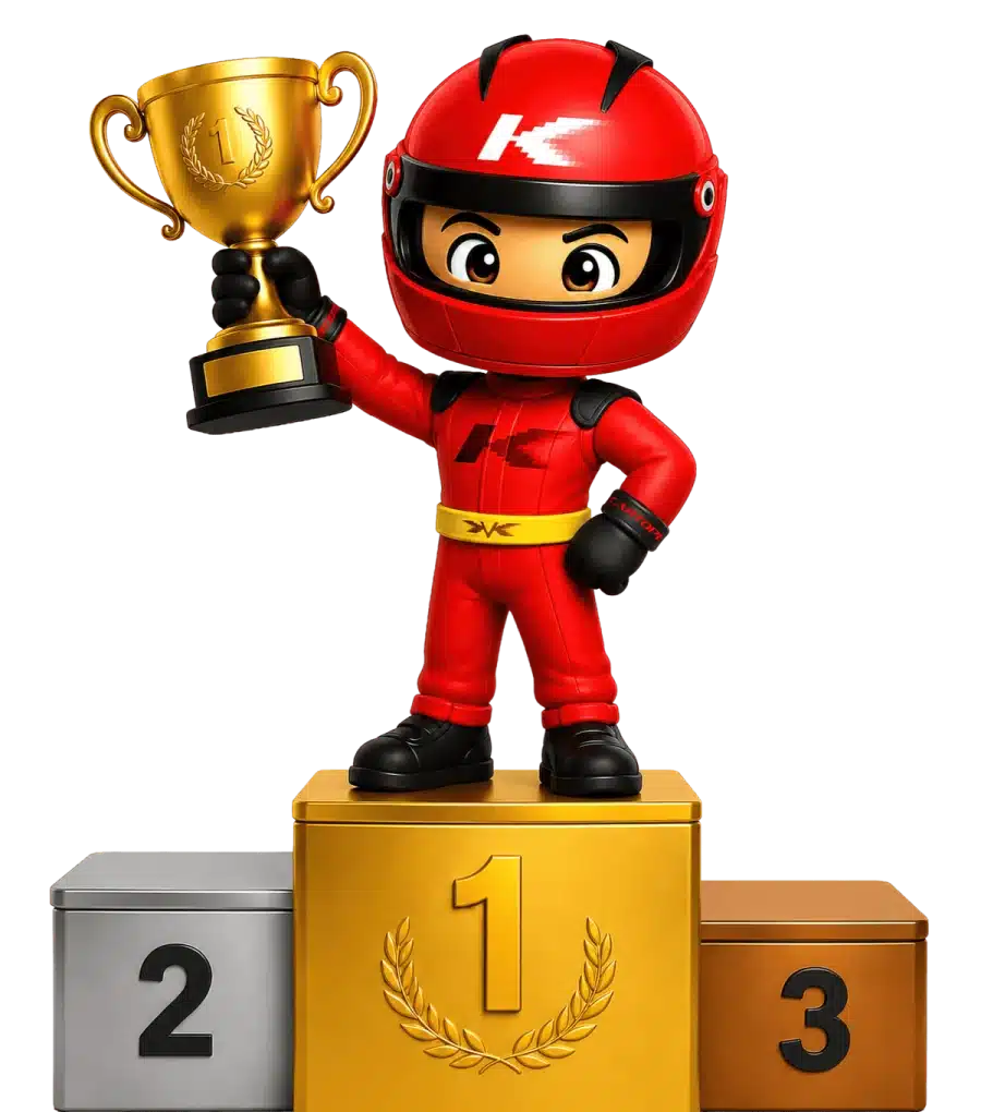 The Kartopia mascot on the top step of a podium, holding up a gold trophy