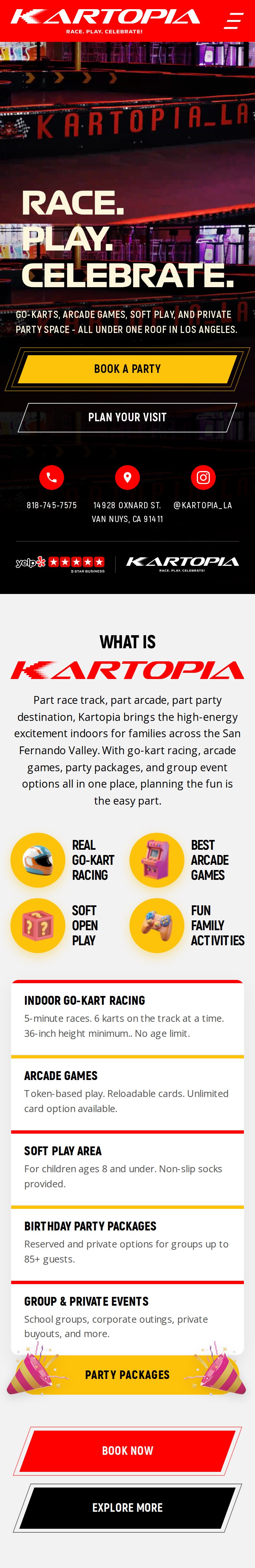 kartopiala.com on a phone: the hero, then What is Kartopia with its four attractions