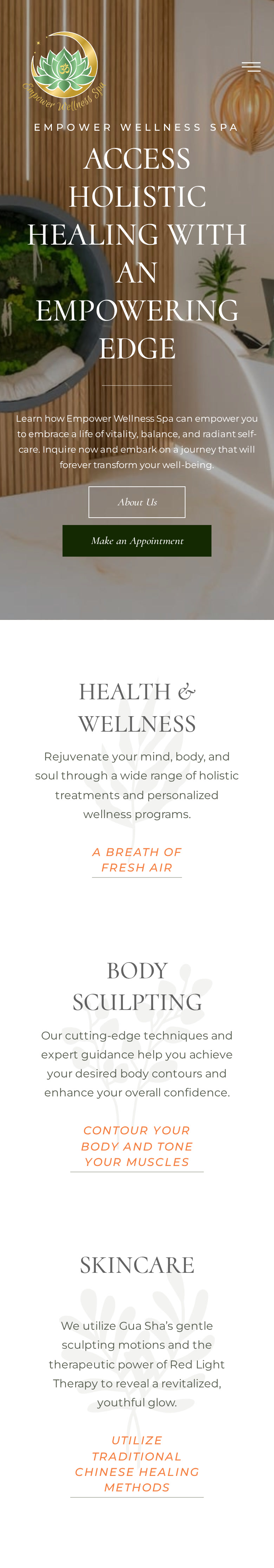 empowerwellnessspa.com on a phone: the hero and the three care areas