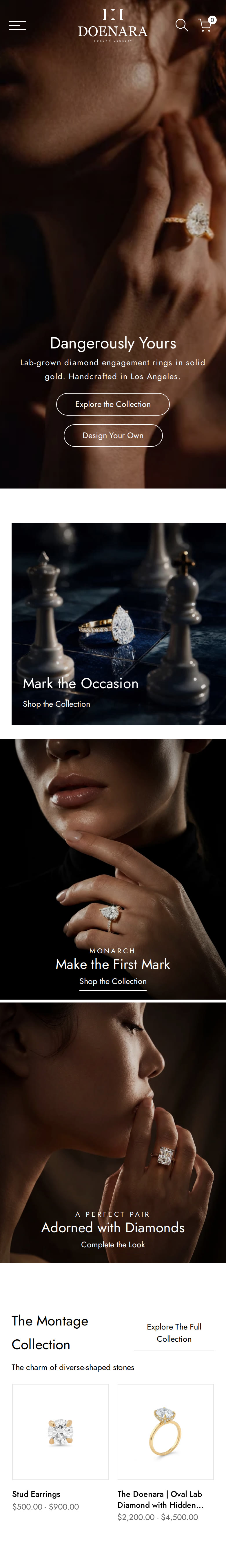 doenara.com on a phone: the hero, Mark the Occasion, the two collections and the first rings