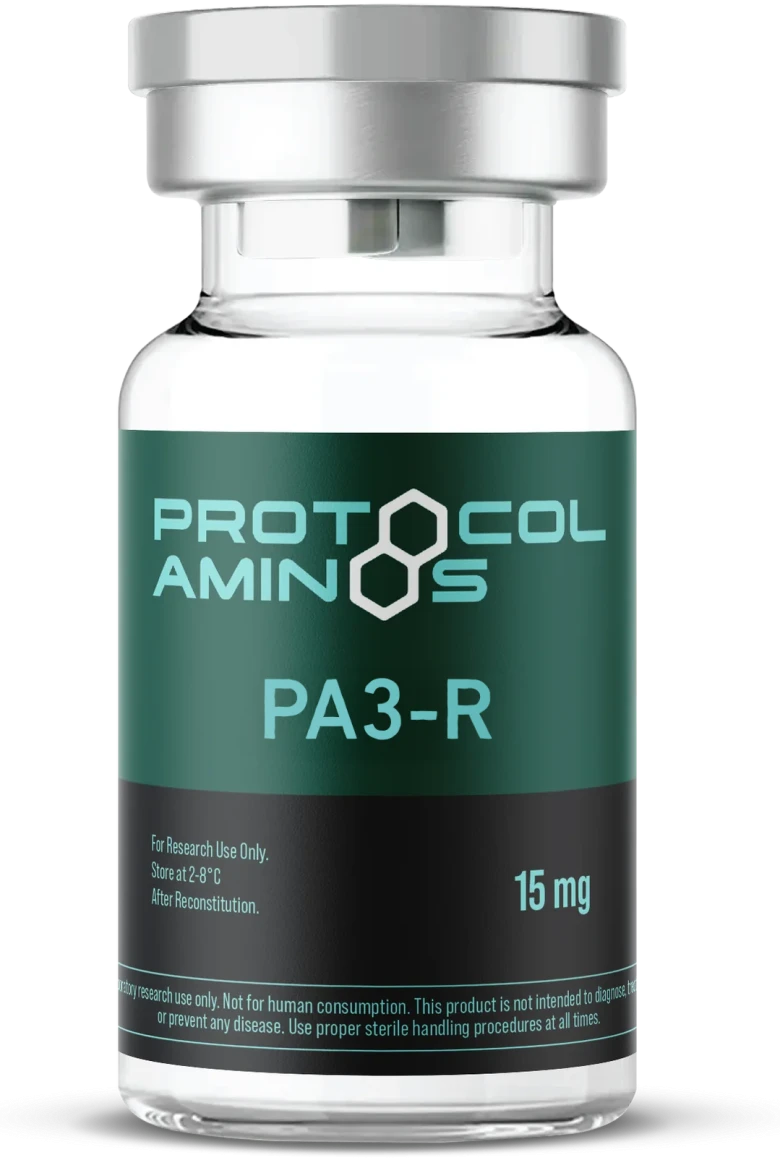 A Protocol Aminos vial: green label, teal logotype, compound name and mass